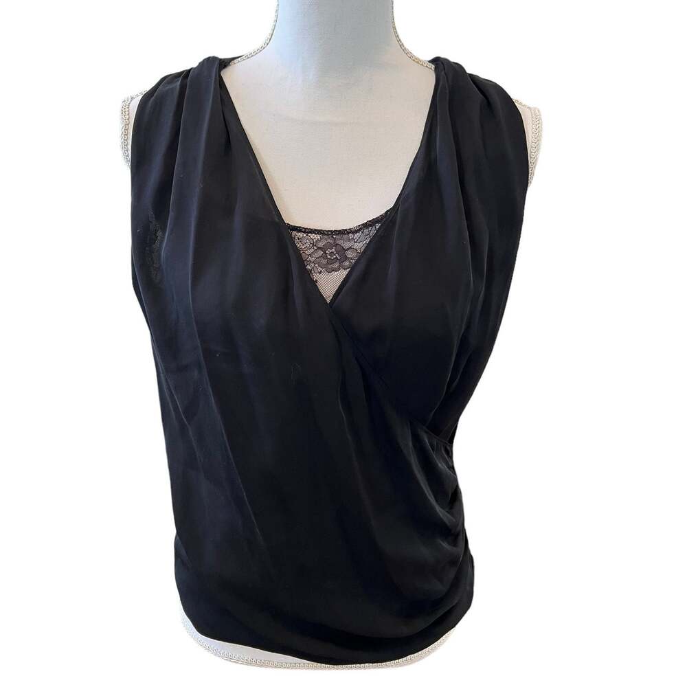 Alice + Olivia Surplice Silk Sleeveless Top Black Lace Detail S